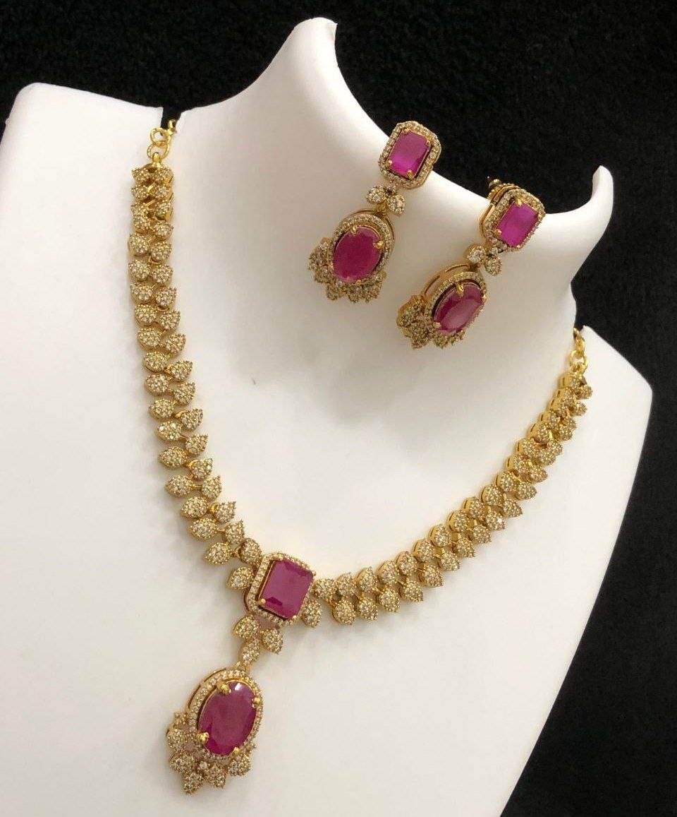 Victorian CZ Pendant Necklace set - Rani Pink